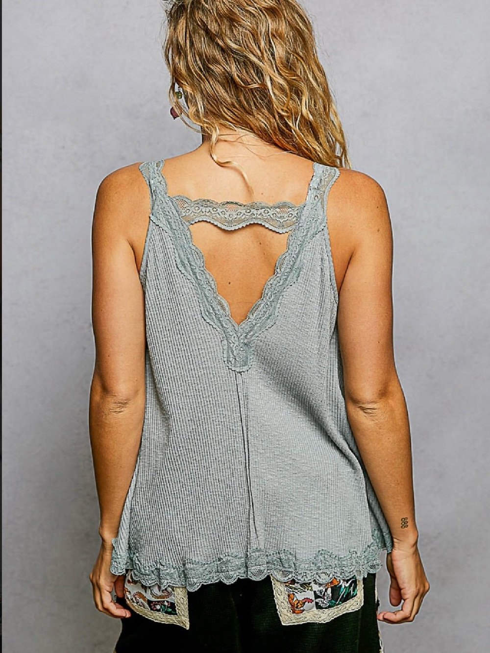 POL Sage Green Ribbed Lace-Trim Tank Top - Picture 4 of 6